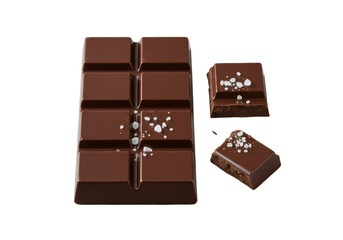 Pristine dark chocolate bar, deep dark brown, glossy, with broken piece, textured interior, coarse sea salt sprinkle, on transparent, shadowless, commercial product photography concept