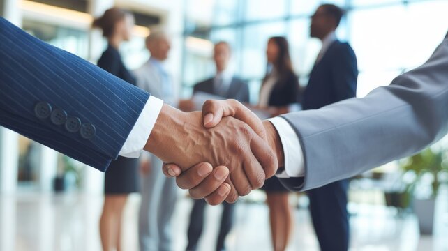 Business Handshake in Modern Office. firm handshake between two diverse business professionals. In the softly blurred background, a bright, modern office lobby. agreement, and partnership