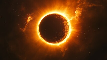 Naklejka premium A large orange sun is in the center of the image. The sun is surrounded by a ring of stars