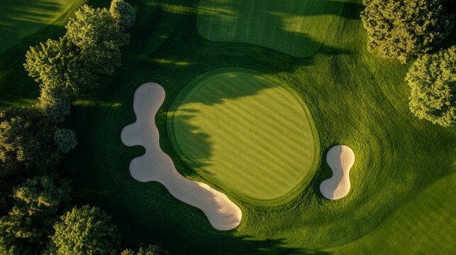Aerial view of a well-manicured golf course fairway leading to the green and surrounded by sand bunkers.