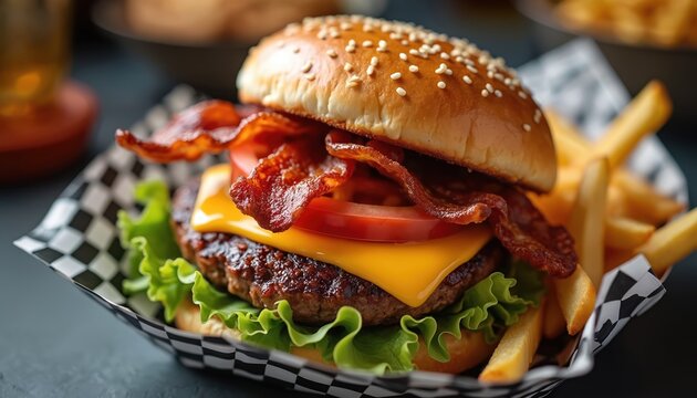 Juicy cheeseburger with bacon and fresh lettuce sits beside crispy french fries. A hearty meal perfect for a casual lunch or dinner. This classic combination offers a satisfying taste experience.