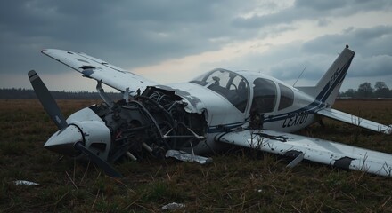 Wrecked single-engine airplane after crash in field. Damaged aircraft with exposed engine lies in grass under cloudy sky. Aviation disaster and accident concept