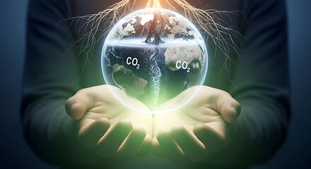 Transparent Earth with Roots in Hands and CO₂ to O₂ Bubbles
