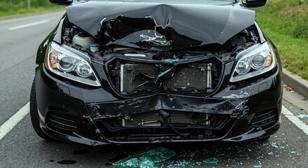 Front view of black car with severe damage after traffic accident. Smashed hood and broken bumper from major collision. Road safety and auto insurance concept
