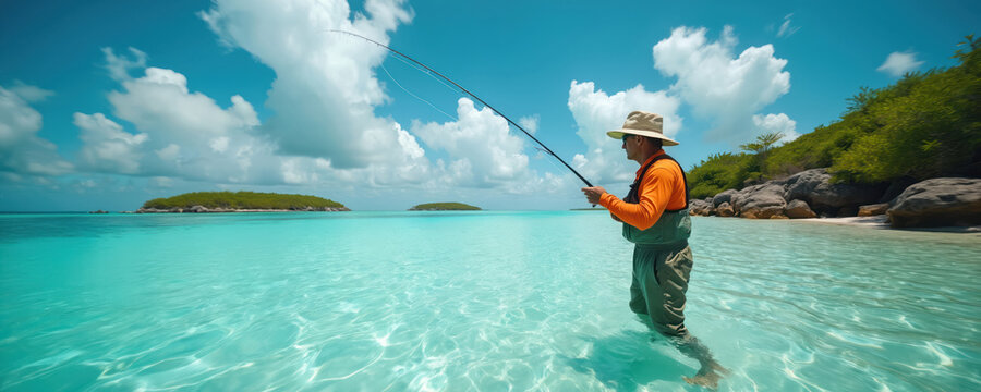 Adult man stands in shallow clear turquoise water. Fly fishes with rod, line. Man wears waders, sun hat, orange shirt. Small tropical islands, rocky shore in background. Blue sky with white clouds.