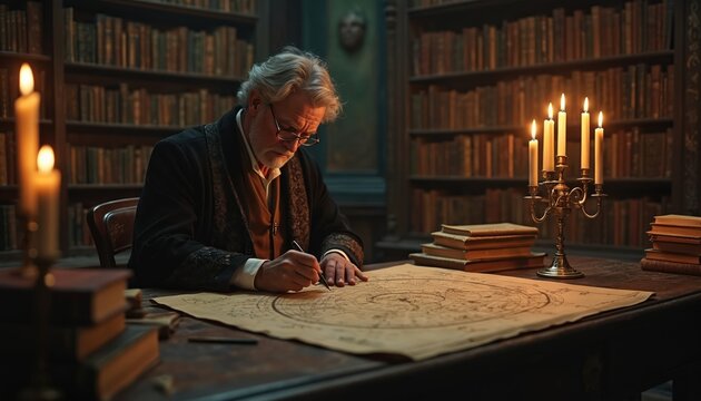 Grey haired scholar maps heavens in dimly lit study. Draws star chart by candlelight. Books fill shelves. Astronomer researches celestial bodies. Scene shows wisdom, knowledge, history, ancient