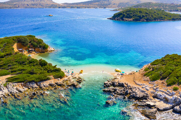 View of Bora Bora beach in Ksamil, Albanian Riviera. Ksamil islands are located near the Saranda, Albania.