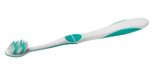 New white plastic toothbrush with ergonomic handle, isolated background