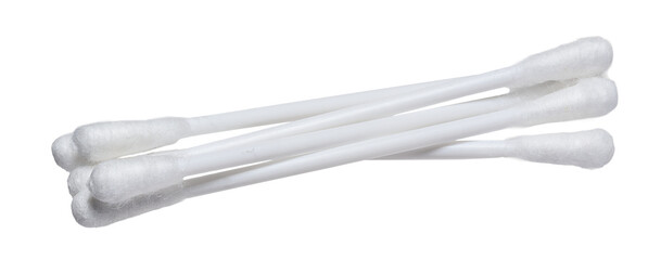 Cotton swabs for hygiene purposes on an isolated background. The swabs have a white plastic base...