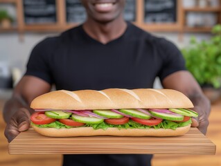 African American man proudly presenting a fresh sandwich loaded with vegetables on a wooden board, showcasing vibrant colors and textures in a cozy cafe environment