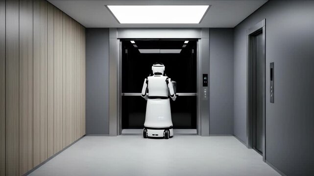 Delivery robot approaching and entering an elevator with a package, smart automation technology for modern office building logistics