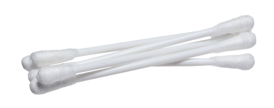 Cotton swabs for hygiene purposes on an isolated background. The swabs have a white plastic base and soft cotton tips on both ends