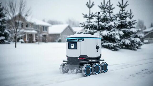 Autonomous delivery robot on six wheels navigating a residential winter street, providing automated parcel drop off service