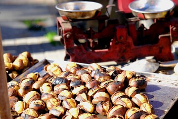 A close-up view of chestnut kebab, a traditional Turkish street food, being cooked. Scales weighing chestnuts. Chestnuts roasting over charcoal are lined up on the counter.
