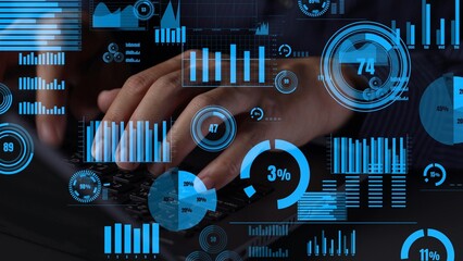 A close-up of hands typing on a keyboard, overlaid with various data visualization elements such as graphs, charts, and numerical indicators, depicting analytical processes. Xenic
