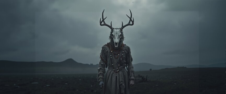 Mysterious shamanic figure wearing deer skull mask with antlers in desolate landscape. Dark fantasy and pagan folklore horror concept