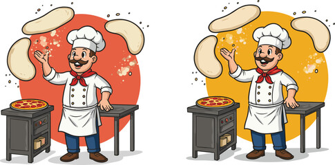 Happy pizza chef tossing dough in kitchen, cartoon baker preparing delicious pizza, Italian cooking illustration with red and yellow background
