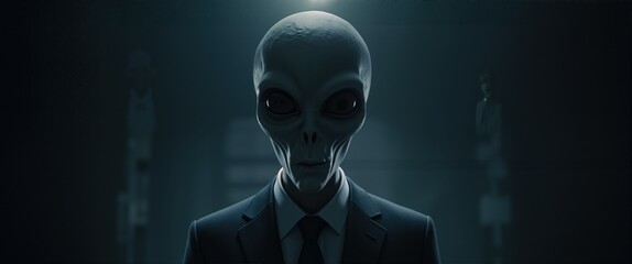 Cinematic portrait of grey alien wearing business suit. Mysterious extraterrestrial creature in dark, shadowy setting. Sci-fi conspiracy and paranormal concept