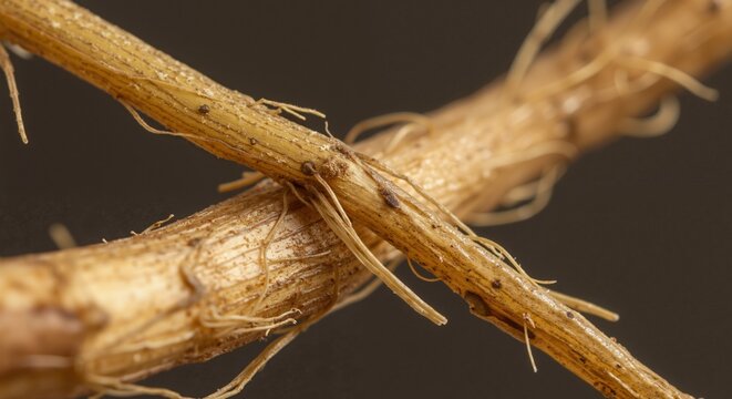 Extreme close-up of fibrous plant root. Macro photography showing detailed woody texture. Natural herbal medicine and botany concept