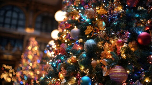 Close up of a decorated christmas tree with ornaments and lights in a festive setting indoors