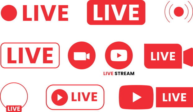 collection of red live streaming icons and buttons for broadcast, online video, and social media design