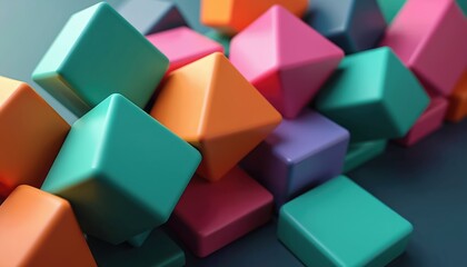 Pile of colorful geometric shapes like diamonds and cubes in bright teal orange pink purple tones. Abstract background texture, modern design, playful.