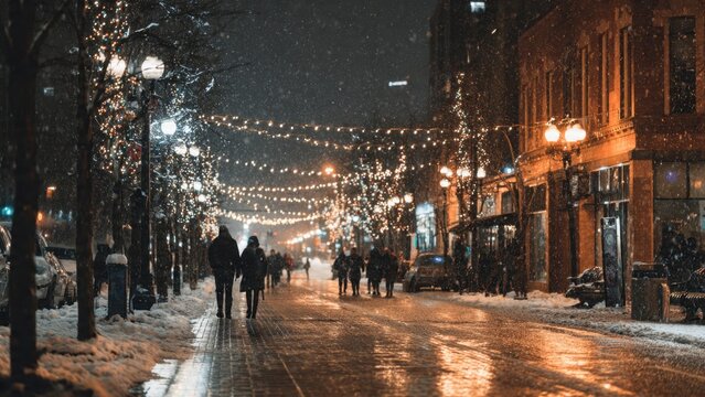 People walking on a snow covered street at night with christmas lights strung between trees and buildings
