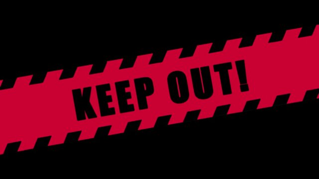 Keep Out: Animated red and black warning tape moving across a dark background for restricted area, danger, and caution alert concept