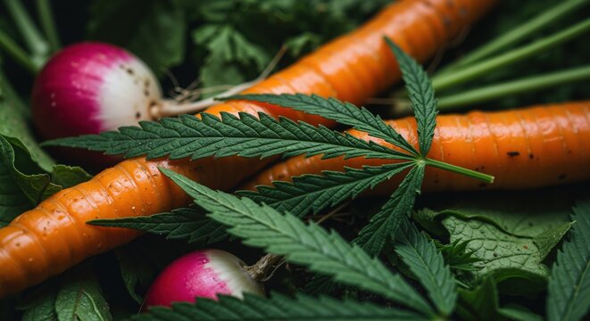 Close-up of fresh cannabis leaf on organic carrots and radishes. Healthy raw vegetable still life with natural ingredients for plant-based diet. - Powered by Adobe