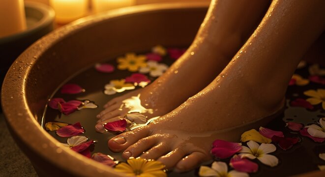 Woman's feet soaking in spa foot bath with colorful flower petals. Pedicure and aromatherapy treatment for relaxation and wellness. Self-care concept in luxury salon.