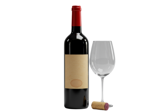 Red wine bottle, red foil cap, blank label, embossed detail, empty wine glass, cork, on seamless transparent background with high-key lighting, professional product advertisement concept