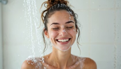 Young woman with happy expression taking shower. Girl enjoys water stream on head and face. Female washes body in bathroom. Happy lady washes off soap from skin in shower cabin.