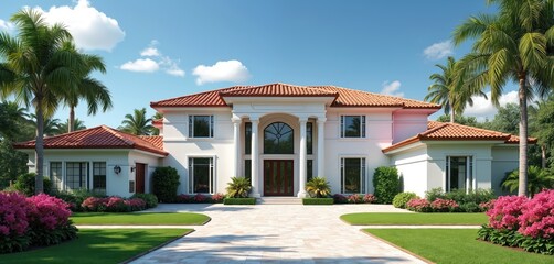 Luxury white house with red tile roof, columns stands under blue sky. Green lawn, vibrant pink flowering shrubs surround large estate. Tall palm trees grow in tropical garden, creating beautiful