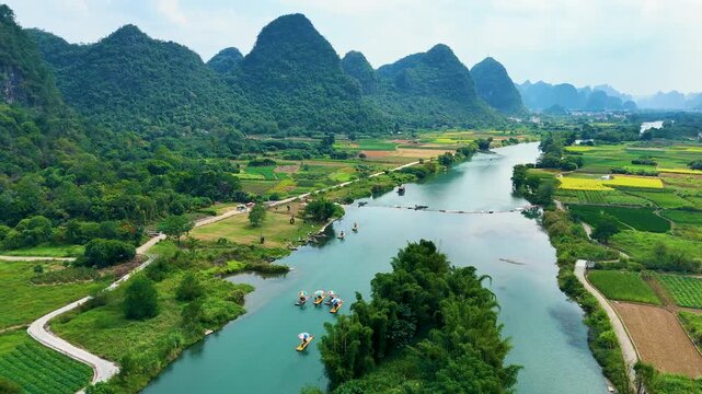 Aerial view of Yulong River with karst peaks near Yangshuo in the Guangxi Region, China