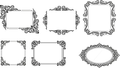 Vintage frame collection, ornate border designs, floral scroll embellishments, decorative vector set, classical art elements, elegant shapes, black and white