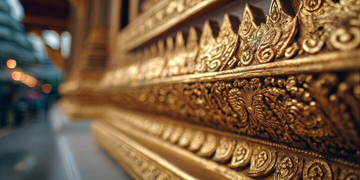 Close-up on the intricate gold detail of the Buddhist temple architecture (e.g., in Thailand), soft morning light, blurred background of daily life, conveying culture and