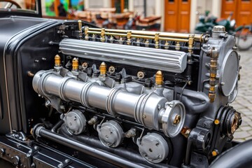 Fototapeta premium Vintage car engine displaying mechanical engineering and complex design