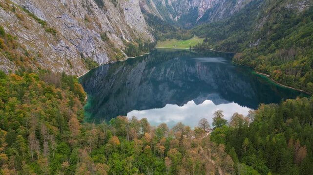 Aerial view of scenic Obersee (Lake) landscape in Germany near Berchtesgaden.