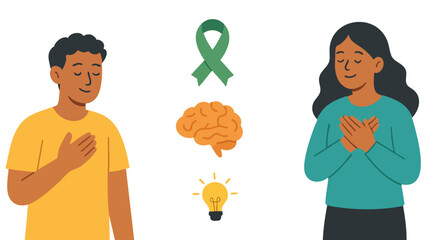 Mental health awareness illustration with people, green ribbon, brain, and light bulb