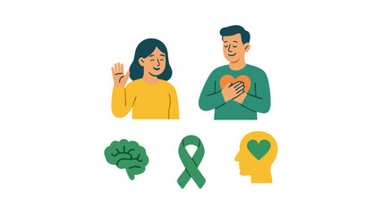 Mental health awareness illustration with people, green ribbon, and brain symbol