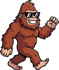 Cool cartoon Bigfoot character walking with sunglasses, funny sasquatch mascot illustration, stylish ape creature vector art, modern mythical folklore design