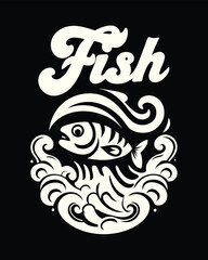 An ivory fish skeleton surrounded by stylized waves floats beneath the word 'Fish' on black