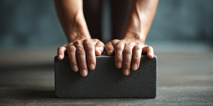 Close-up on a pair of hands using a yoga block for support during a deep forward fold, emphasizing the use of props, proper form, and accessibility in practice, clean stu