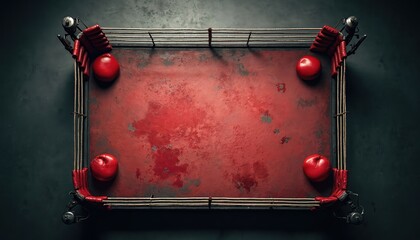 Top view of an empty boxing ring with red floor and gloves in corners. Dark, grunge arena stage for combat sport competition. Nobody on platform before fight or match. A place for professional battle.
