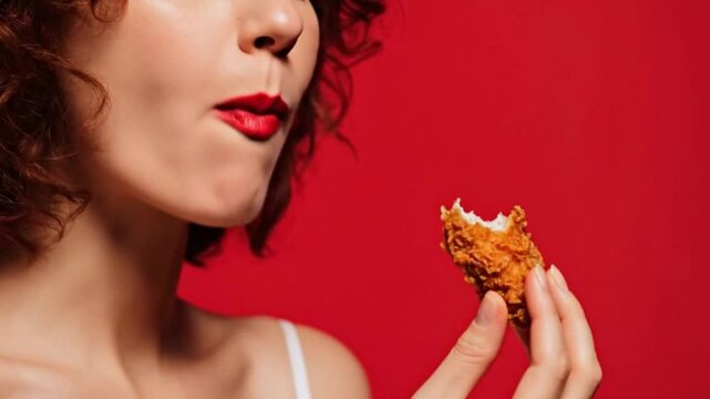 A vibrant close-up captures a person's mouth adorned with striking red lipstick, poised to take a bite from a golden-brown piece of crispy fried food. The food, already showing a gentle bite mark, rev