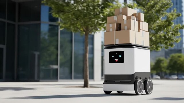 Autonomous delivery robot with brown boxes moving on city street. Automated parcel delivery service for urban logistics. Modern technology for shipping.
