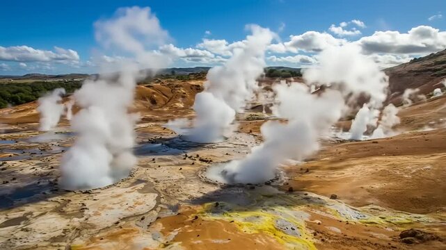 Icelandic geothermal area of Hverir: volcanic landscape with steaming fumaroles and bubbling mud pools