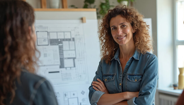 Female architect presents project blueprint to team indoors. Business woman smiles confidently. Design professional leads construction initiative, showing expertise in architectural planning for