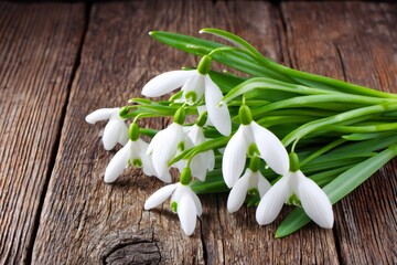 Snowdrop flowers lying on rustic wooden background
