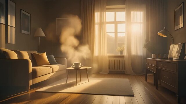 Cozy living room bathed in warm sunlight, with steam rising from a coffee cup on a small table